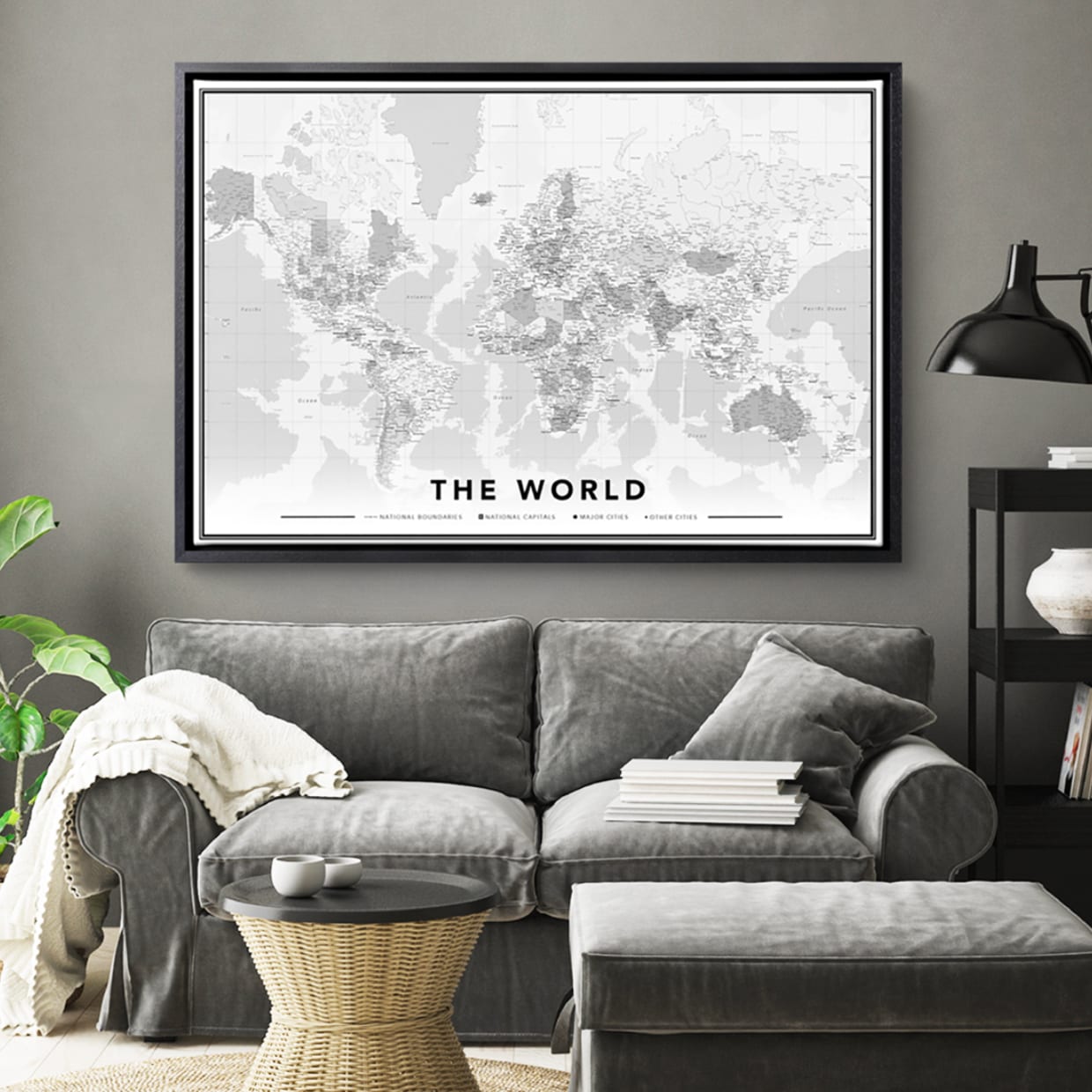 Toile carte du monde effet bois